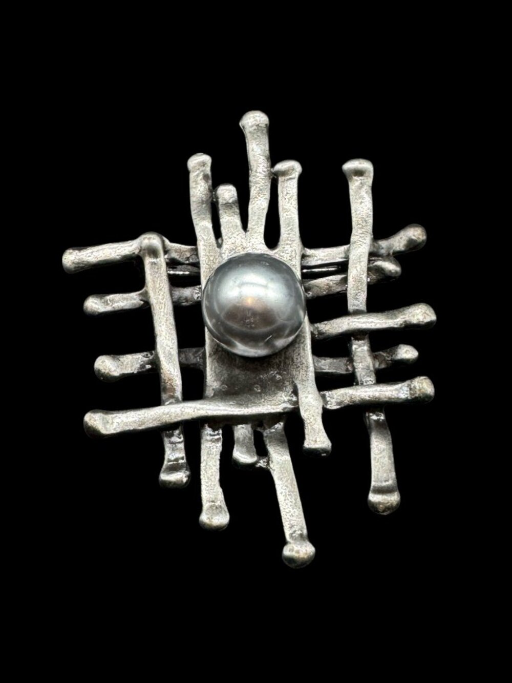 Brutalist Brooch or Pendant Metal Abstract Design with Gray Pearl Center